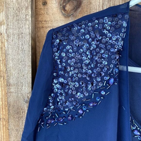 SLNY Beaded Detail Chiffon Tiered Scoop Neck Midi Dress Two Piece Set w/ Jacket - Picture 9 of 16